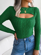 Women'S Sexy Hollow-Out Knit Pullover Sweater, Long Sleeve Crew Neck, Skinny Fit, Acrylic Blend (Polyester 28%, Polyamide 22%, Viscose 28%), High Stretch Fabric, Solid Color, Spring/Fall Fashion Top