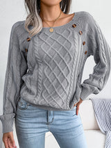 Women's Sweater Round Neck Texture Button Lantern Sleeve Sweater