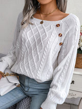 Women's Sweater Round Neck Texture Button Lantern Sleeve Sweater