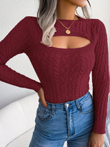 Women'S Sexy Hollow-Out Knit Pullover Sweater, Long Sleeve Crew Neck, Skinny Fit, Acrylic Blend (Polyester 28%, Polyamide 22%, Viscose 28%), High Stretch Fabric, Solid Color, Spring/Fall Fashion Top