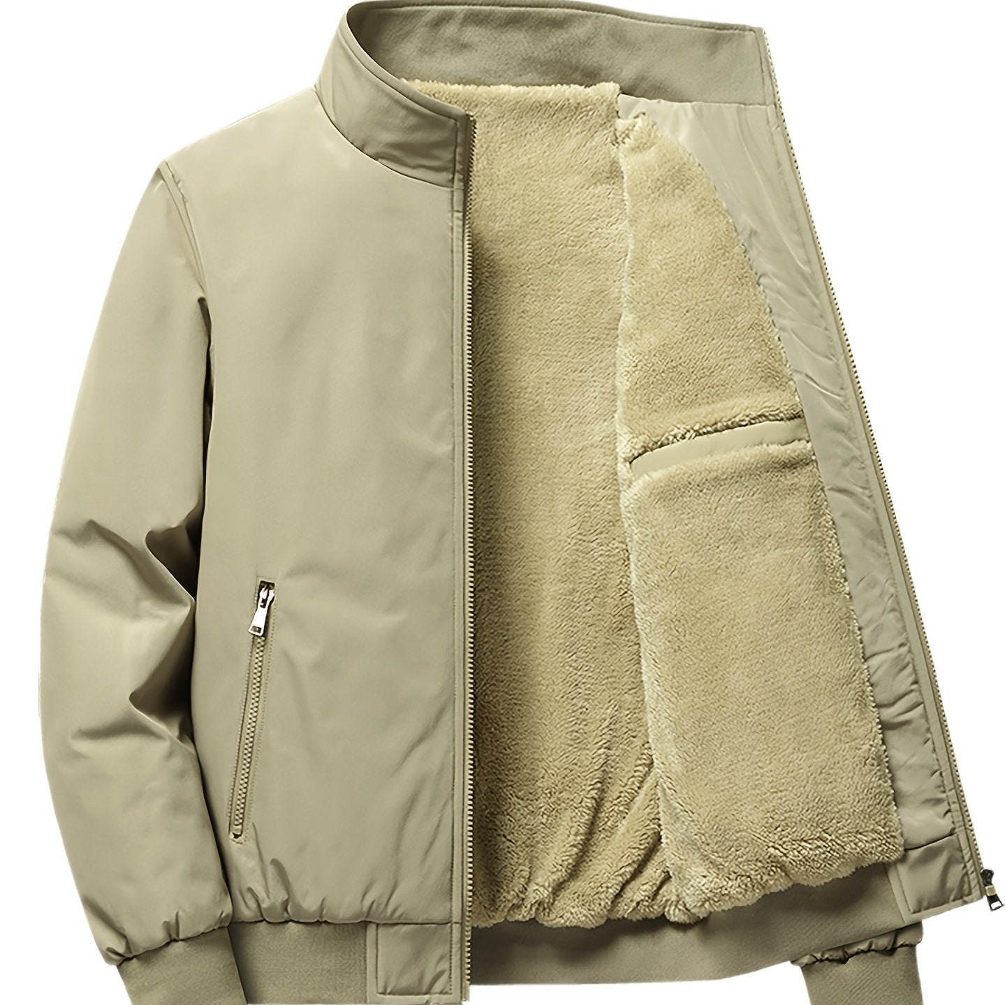 Warm Stand Collar Fleece Jacket, Men's Casual Comfortable Solid Color Zip Up Coat/ Outwear For Fall Winter