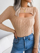 Women'S Sexy Hollow-Out Knit Pullover Sweater, Long Sleeve Crew Neck, Skinny Fit, Acrylic Blend (Polyester 28%, Polyamide 22%, Viscose 28%), High Stretch Fabric, Solid Color, Spring/Fall Fashion Top