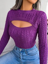 Women'S Sexy Hollow-Out Knit Pullover Sweater, Long Sleeve Crew Neck, Skinny Fit, Acrylic Blend (Polyester 28%, Polyamide 22%, Viscose 28%), High Stretch Fabric, Solid Color, Spring/Fall Fashion Top