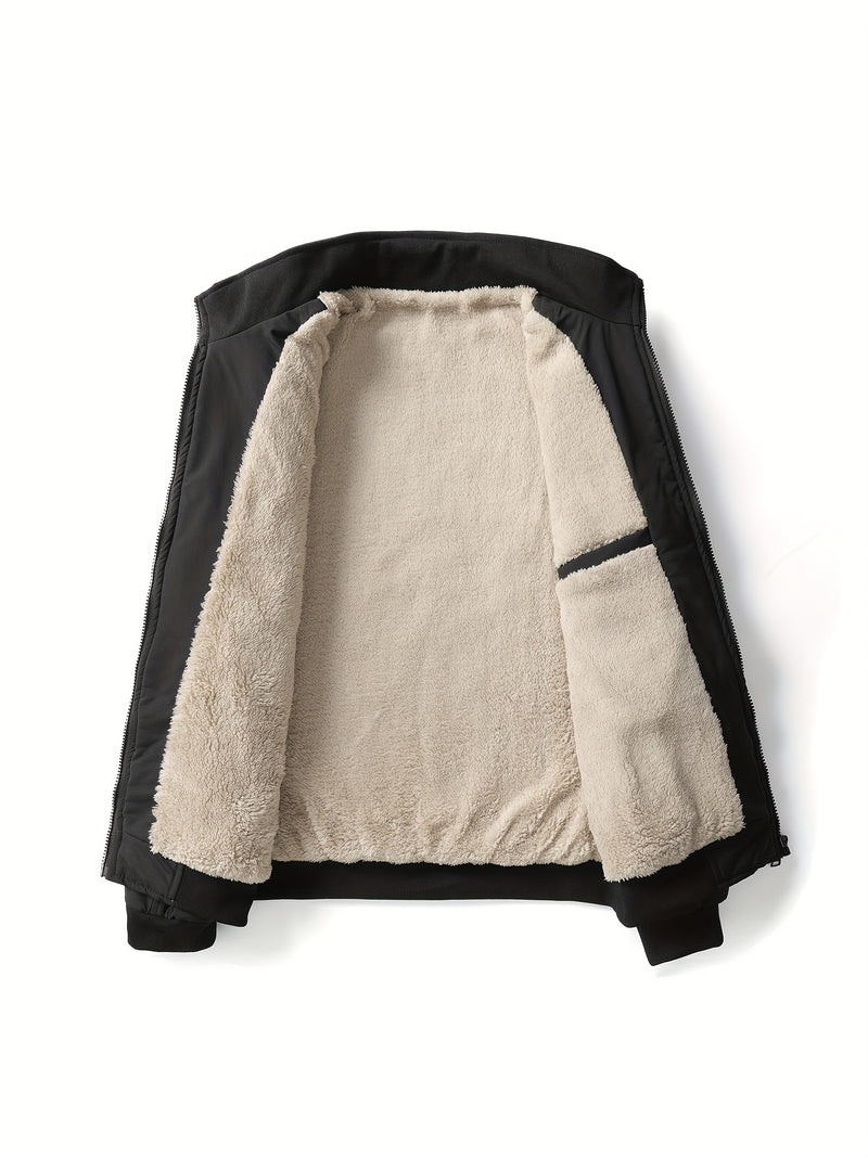 Warm Stand Collar Fleece Jacket, Men's Casual Comfortable Solid Color Zip Up Coat/ Outwear For Fall Winter