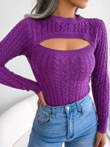 Women'S Sexy Hollow-Out Knit Pullover Sweater, Long Sleeve Crew Neck, Skinny Fit, Acrylic Blend (Polyester 28%, Polyamide 22%, Viscose 28%), High Stretch Fabric, Solid Color, Spring/Fall Fashion Top