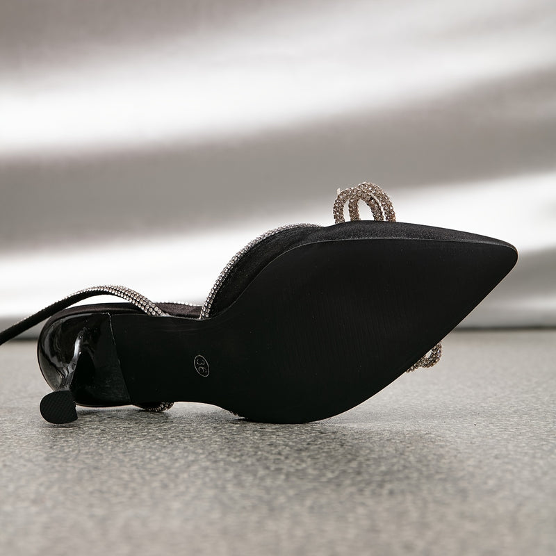 Women's Rhinestone Bow Ankle Straps High Heels, Solid Color Slingback Pointed Toe Pumps, Wedding Dress Heels for Music Festival