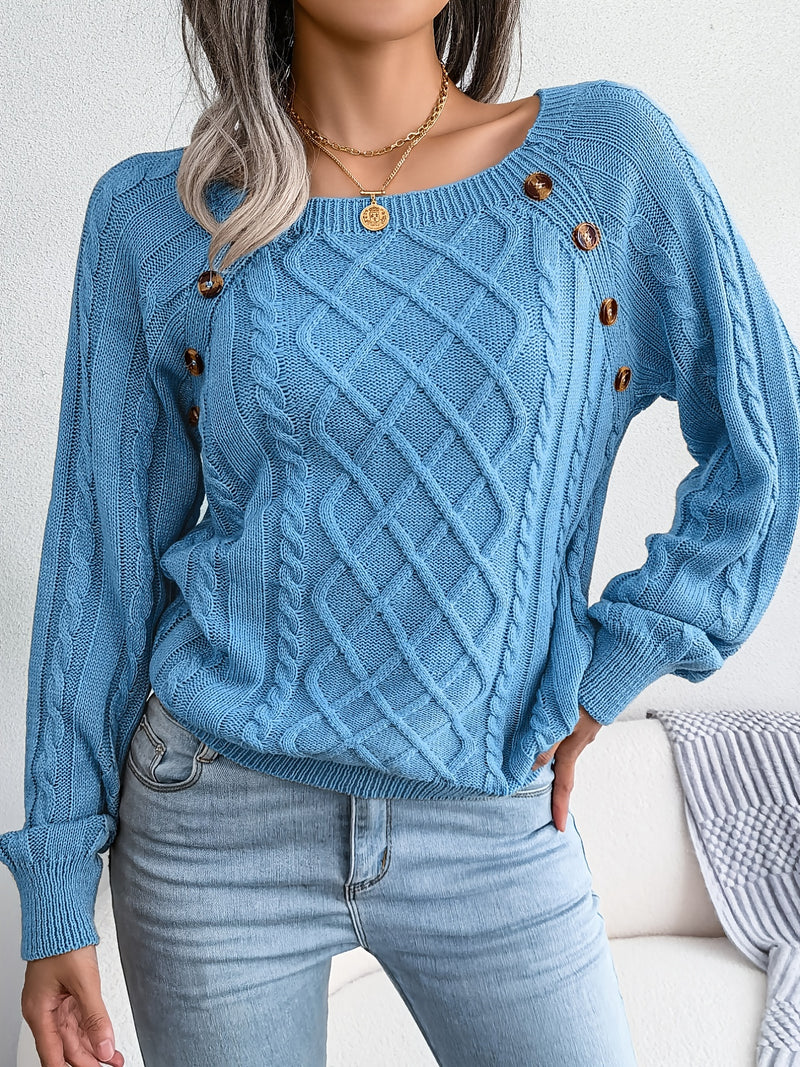 Women's Sweater Round Neck Texture Button Lantern Sleeve Sweater