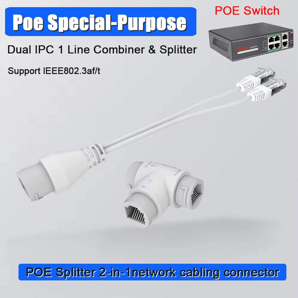 2-in-1 Network Ethernet PoE Splitter Combine Adapter Cable 8‑core Outdoor Waterproof Power Over RJ45 Converter Kit for IP Camera