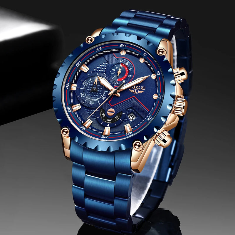 LIGE Fashion Mens Watches Top Luxury Brand Silver Stainless Steel 30m Waterproof Quartz Watch for Men Army Military Chronograph