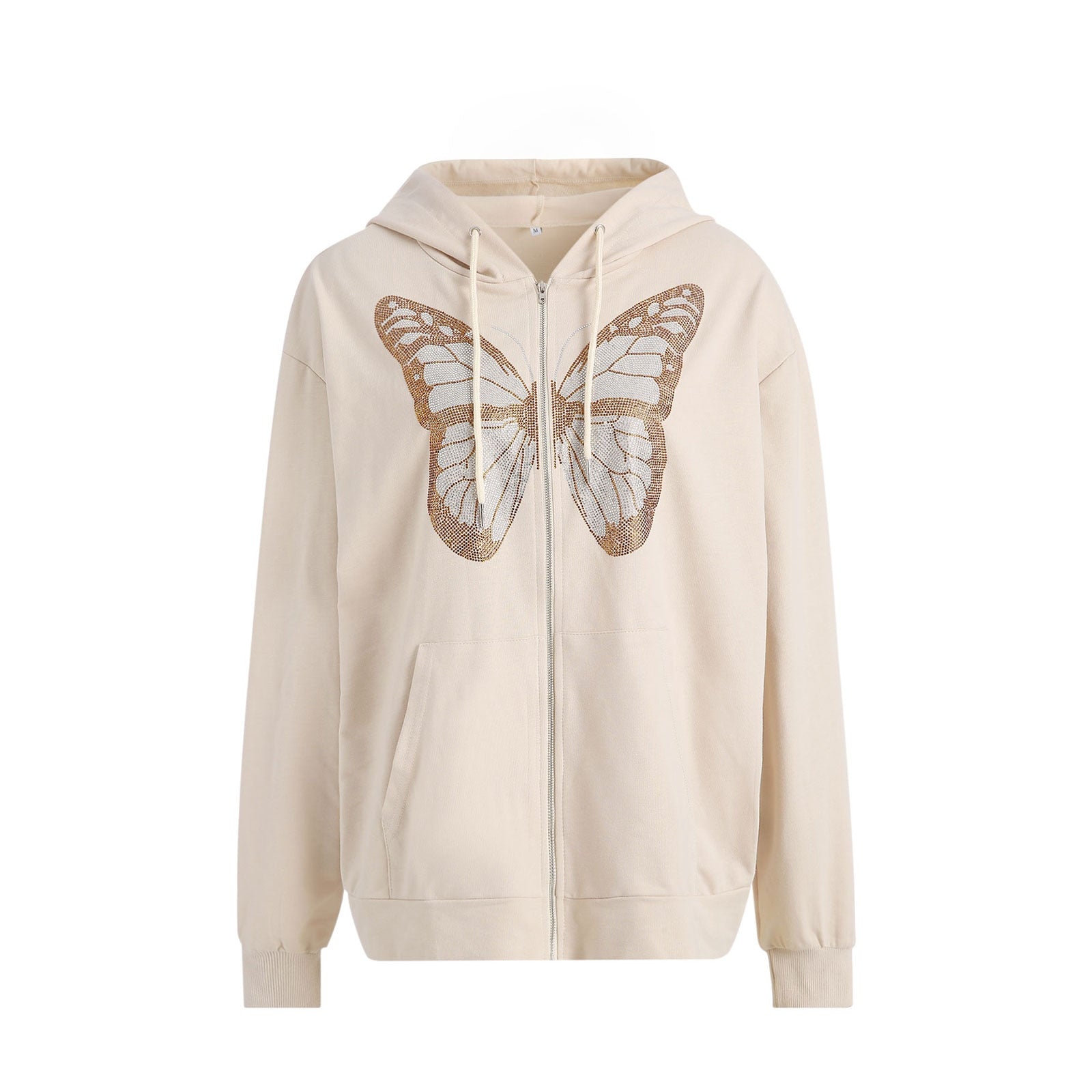 Women's Sweatshirt Loose Style Hooded Jacket,Letters Rhinestone Pattern Zipper Closure Autumn Casual Coat,Black/ Brown/ Purple