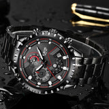LIGE Fashion Mens Watches Top Luxury Brand Silver Stainless Steel 30m Waterproof Quartz Watch for Men Army Military Chronograph