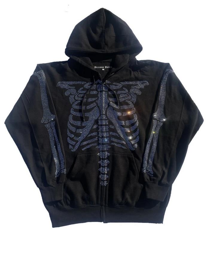 Women's Sweatshirt Loose Style Hooded Jacket,Letters Rhinestone Pattern Zipper Closure Autumn Casual Coat,Black/ Brown/ Purple