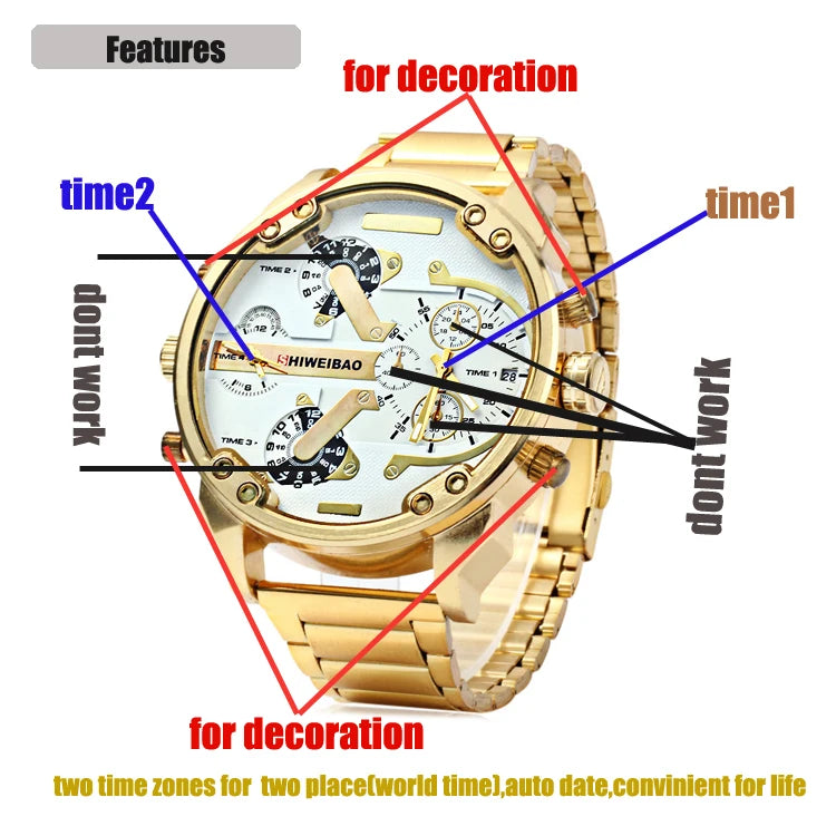 Big Watch Men Luxury Golden Steel Watchband Men's Quartz Watches Dual Time Zone Military Relogio Masculino Casual Clock Man
