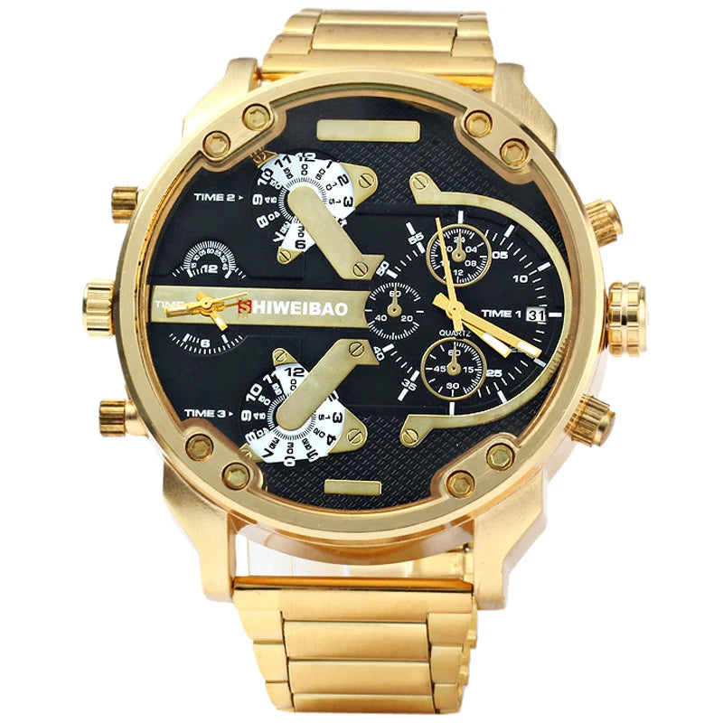 Big Watch Men Luxury Golden Steel Watchband Men's Quartz Watches Dual Time Zone Military Relogio Masculino Casual Clock Man