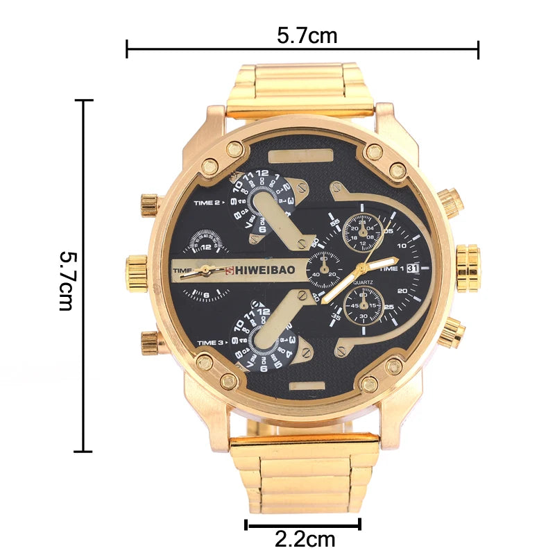 Big Watch Men Luxury Golden Steel Watchband Men's Quartz Watches Dual Time Zone Military Relogio Masculino Casual Clock Man