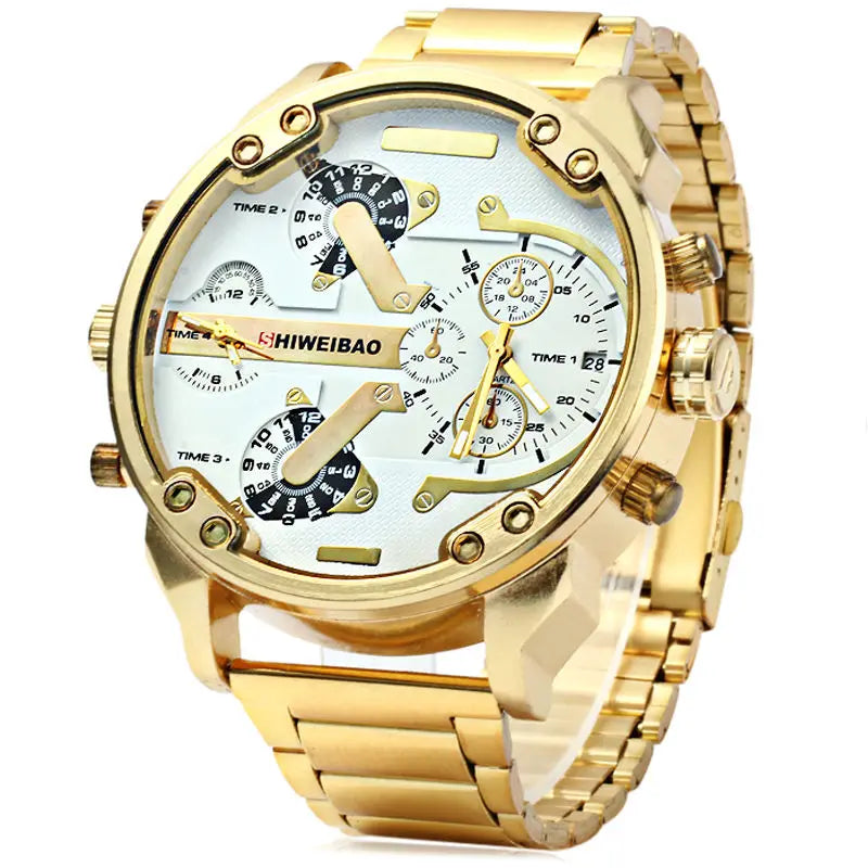 Big Watch Men Luxury Golden Steel Watchband Men's Quartz Watches Dual Time Zone Military Relogio Masculino Casual Clock Man