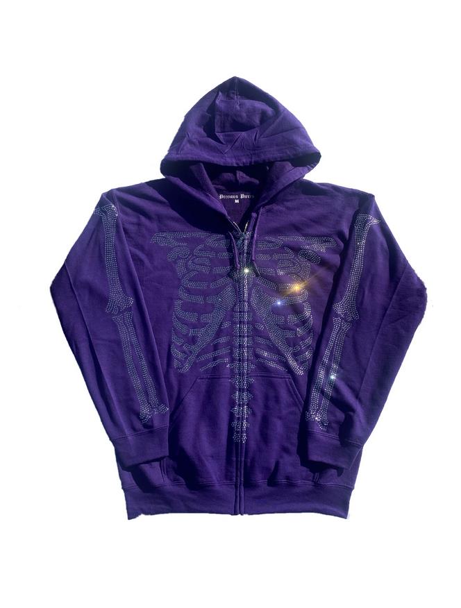 Women's Sweatshirt Loose Style Hooded Jacket,Letters Rhinestone Pattern Zipper Closure Autumn Casual Coat,Black/ Brown/ Purple