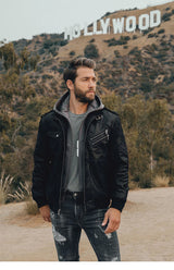 FLAVOR Men's Real Leather Jacket Men Motorcycle Removable Hood winter coat Men Warm Genuine Leather Jackets