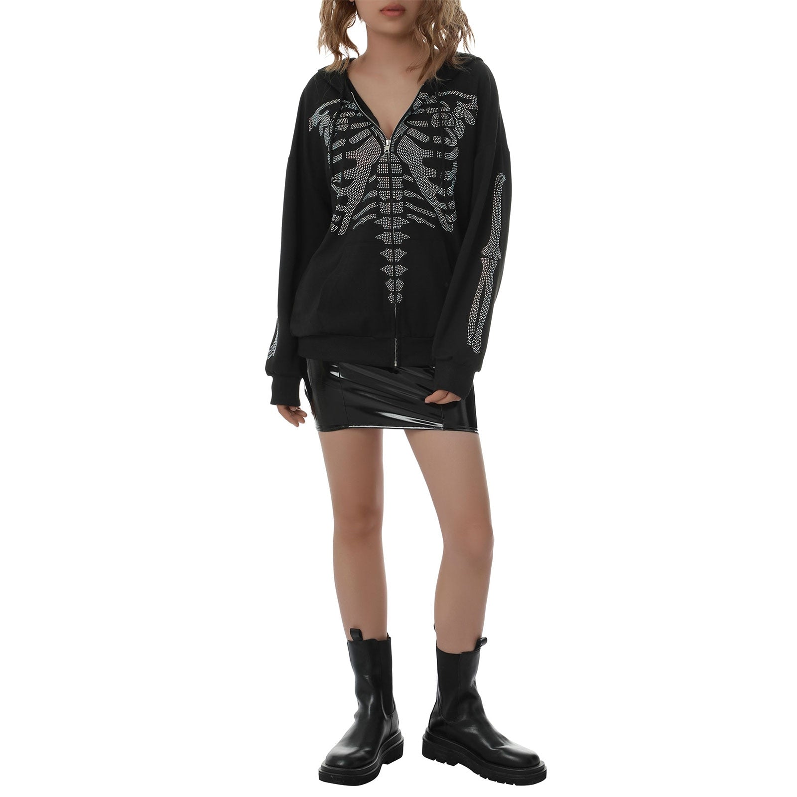 Women's Sweatshirt Loose Style Hooded Jacket,Letters Rhinestone Pattern Zipper Closure Autumn Casual Coat,Black/ Brown/ Purple