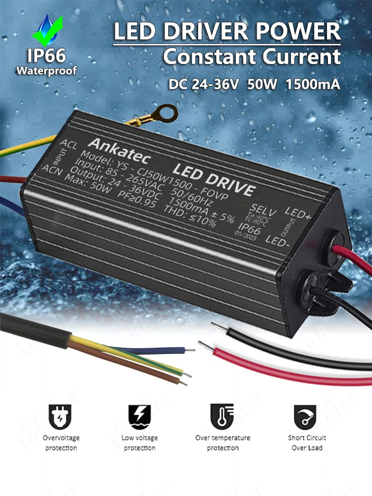 LED Driven Lighting Transformer 85-265V AC to DC 24-36V 1500mA Max 50W Aluminum IP66 Waterproof Constant Current Power Supply