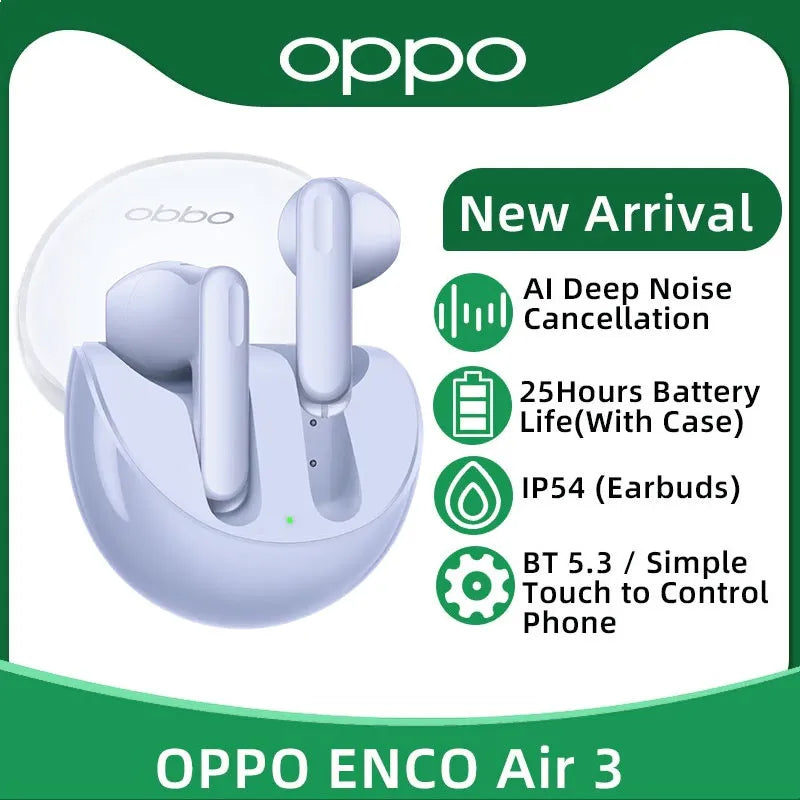 OPPO ENCO Air 3 TWS Earphone Wireless Bluetooth 5.3 Earbuds AI Noise Cancelling 25 Hour Battery Life IP54 For OPPO Reno 9 Pro