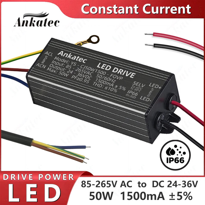 LED Driven Lighting Transformer 85-265V AC to DC 24-36V 1500mA Max 50W Aluminum IP66 Waterproof Constant Current Power Supply