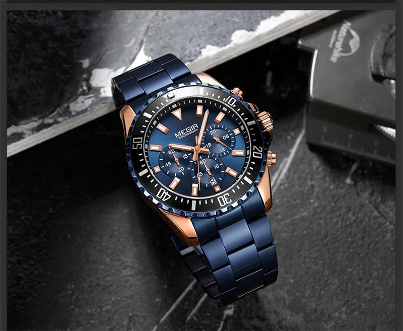 MEGIR Original Luxury Business Quartz Watch Men Brand Stainless Steel Chronograph Military WristWatch Clock Relogio Masculino