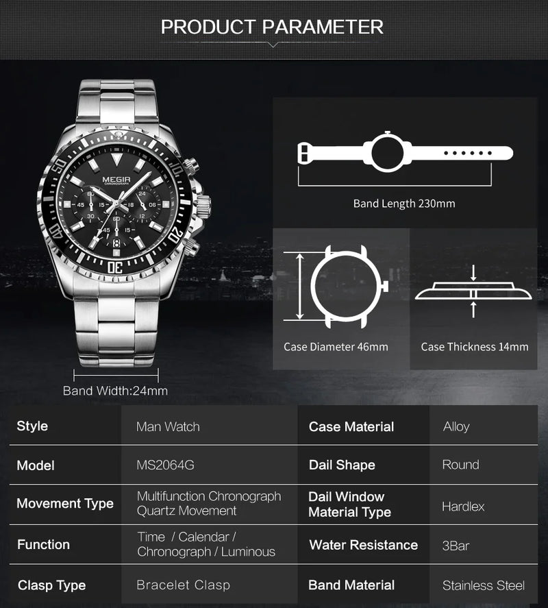 MEGIR Original Luxury Business Quartz Watch Men Brand Stainless Steel Chronograph Military WristWatch Clock Relogio Masculino