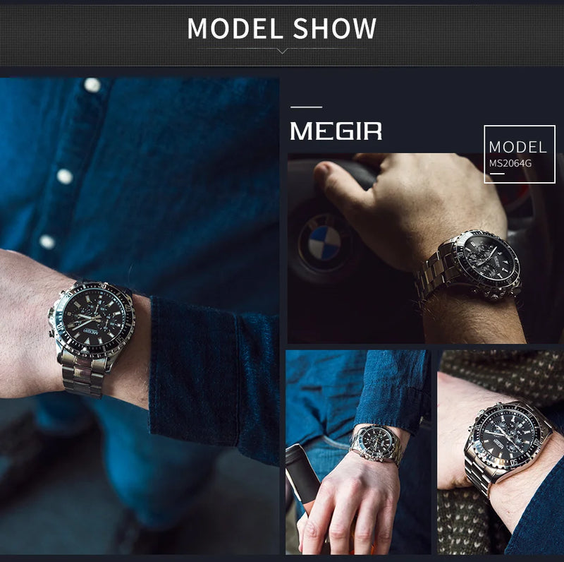 MEGIR Original Luxury Business Quartz Watch Men Brand Stainless Steel Chronograph Military WristWatch Clock Relogio Masculino