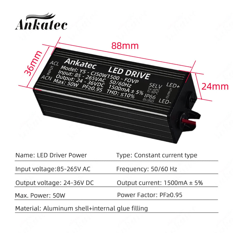 LED Driven Lighting Transformer 85-265V AC to DC 24-36V 1500mA Max 50W Aluminum IP66 Waterproof Constant Current Power Supply