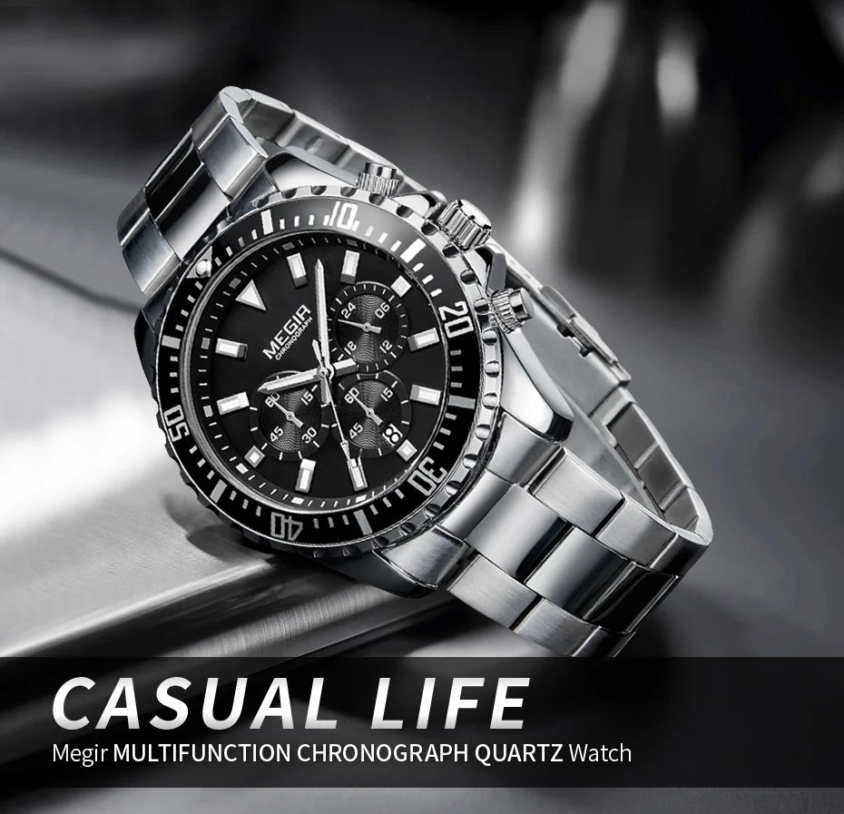 MEGIR Original Luxury Business Quartz Watch Men Brand Stainless Steel Chronograph Military WristWatch Clock Relogio Masculino