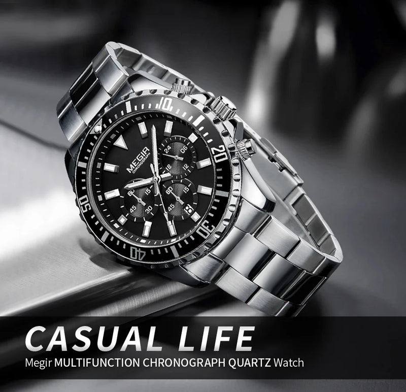 MEGIR Original Luxury Business Quartz Watch Men Brand Stainless Steel Chronograph Military WristWatch Clock Relogio Masculino