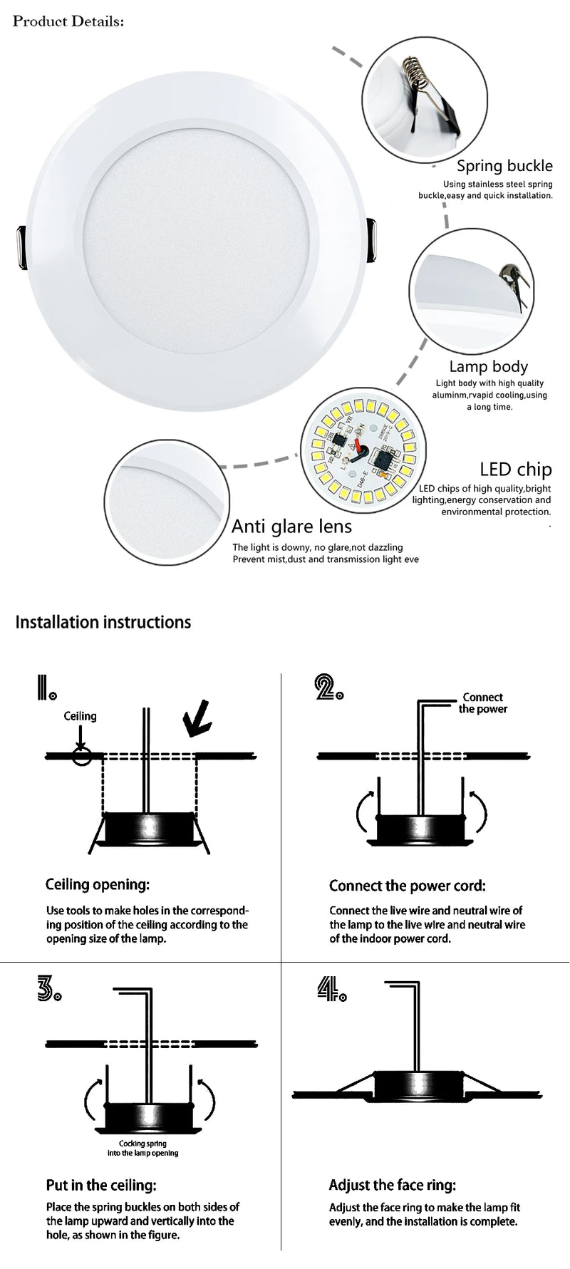 LED Downlight 5W 9W 12W 15W 18W Recessed Round Led Ceiling Lamp 110V 220V DC12V 24V Panel Lights Indoor Lighting Warm/Cold White
