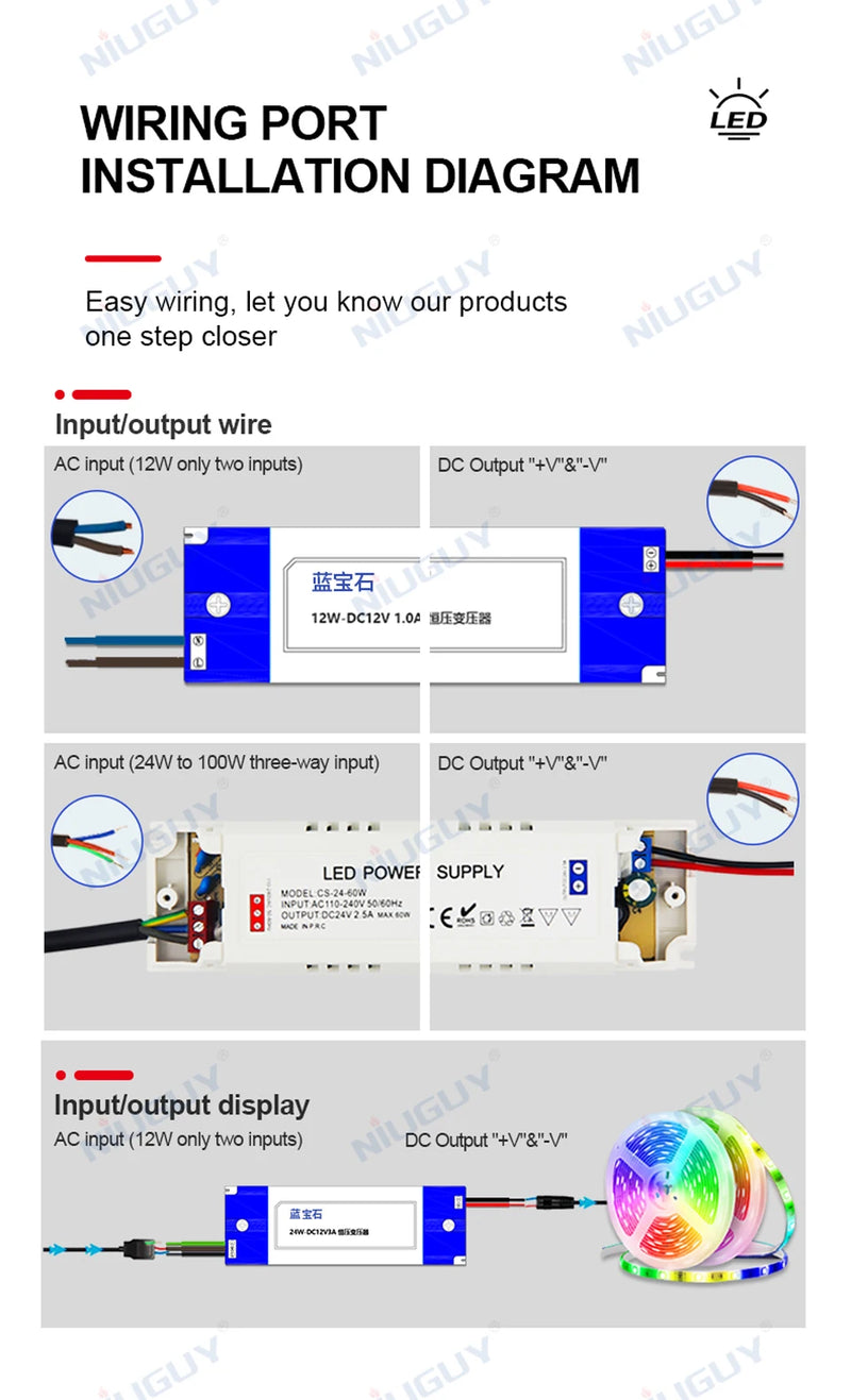LED lighting transformer 100W 80W 60W 36W 24W 12W drive power adapter AC/DC 12V 24V lighting fixture LED light strip