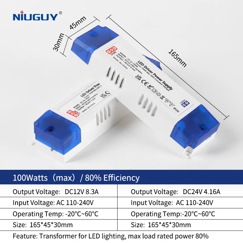 LED lighting transformer 100W 80W 60W 36W 24W 12W drive power adapter AC/DC 12V 24V lighting fixture LED light strip