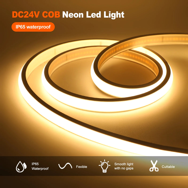 Waterproof COB LED Strip Light 12V 24V Flexible LED Neon Light 0.5-20M 320LEDs High Density Linear Lighting COB LED Lights