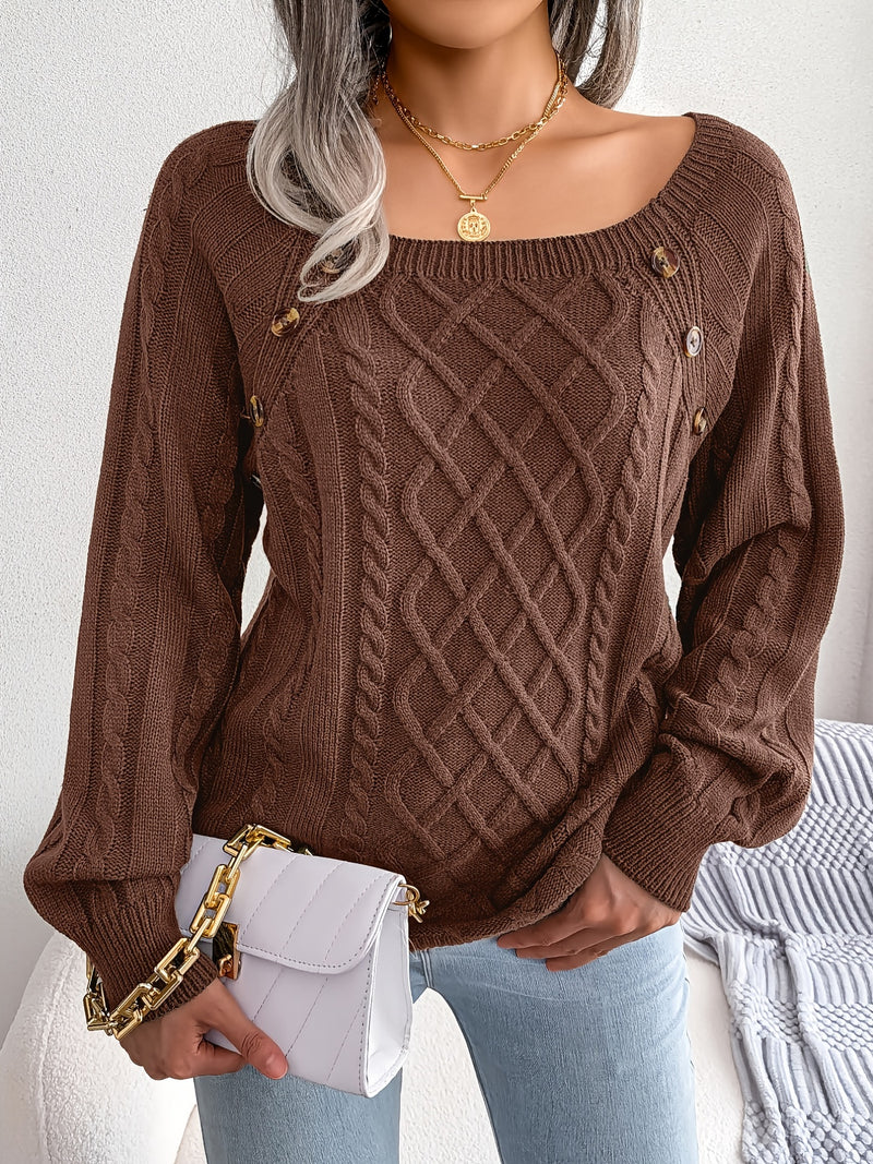 Women's Sweater Round Neck Texture Button Lantern Sleeve Sweater
