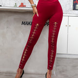 Sexy Cross-Strap High-Waist Leggings with Eyelet Detail, Stretch Polyester Blend, Solid Color Cropped Pants for Women - Perfect for Fall/Spring