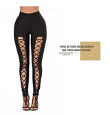 Sexy Cross-Strap High-Waist Leggings with Eyelet Detail, Stretch Polyester Blend, Solid Color Cropped Pants for Women - Perfect for Fall/Spring