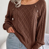 Women's Sweater Round Neck Texture Button Lantern Sleeve Sweater