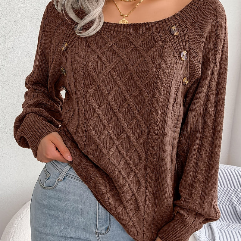 Women's Sweater Round Neck Texture Button Lantern Sleeve Sweater