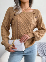 Women's Sweater Round Neck Texture Button Lantern Sleeve Sweater
