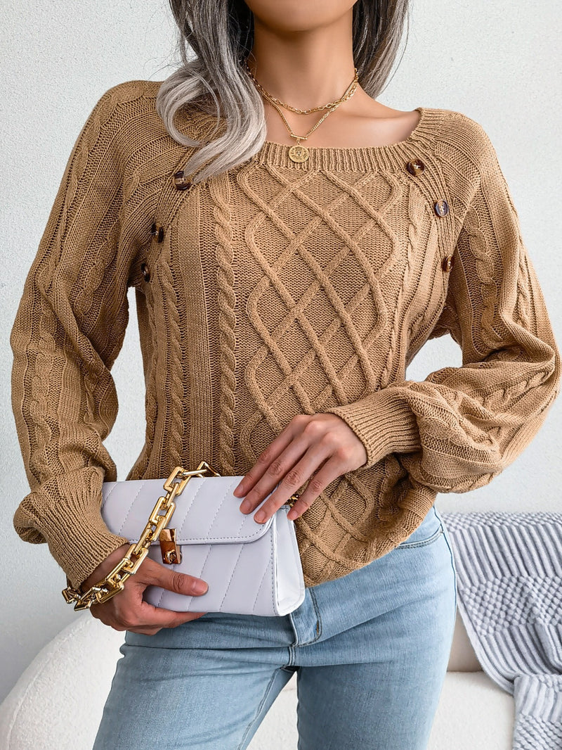 Women's Sweater Round Neck Texture Button Lantern Sleeve Sweater