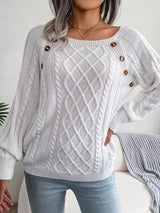 Women's Sweater Round Neck Texture Button Lantern Sleeve Sweater