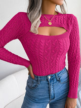 Women'S Sexy Hollow-Out Knit Pullover Sweater, Long Sleeve Crew Neck, Skinny Fit, Acrylic Blend (Polyester 28%, Polyamide 22%, Viscose 28%), High Stretch Fabric, Solid Color, Spring/Fall Fashion Top