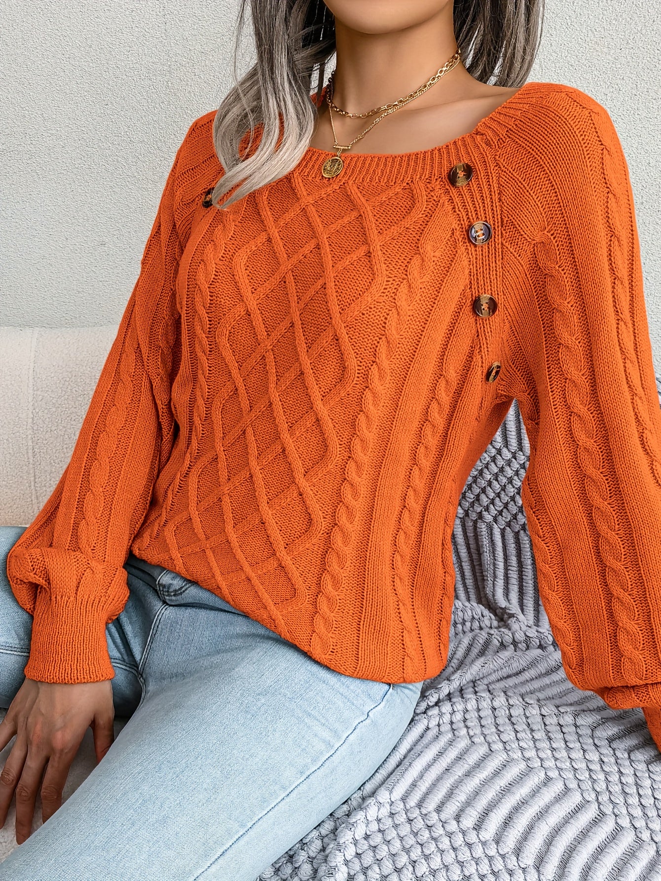 Women's Sweater Round Neck Texture Button Lantern Sleeve Sweater