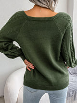 Women's Sweater Round Neck Texture Button Lantern Sleeve Sweater