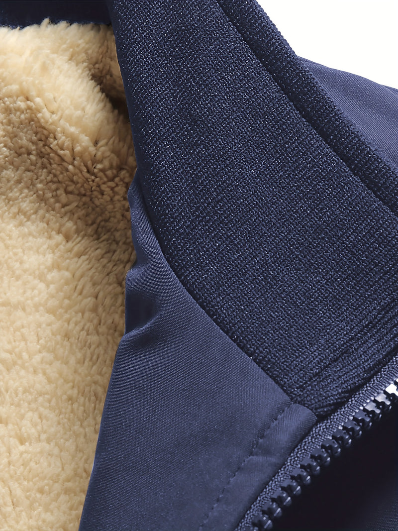 Warm Stand Collar Fleece Jacket, Men's Casual Comfortable Solid Color Zip Up Coat/ Outwear For Fall Winter