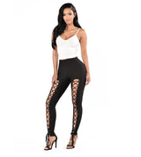 Sexy Cross-Strap High-Waist Leggings with Eyelet Detail, Stretch Polyester Blend, Solid Color Cropped Pants for Women - Perfect for Fall/Spring