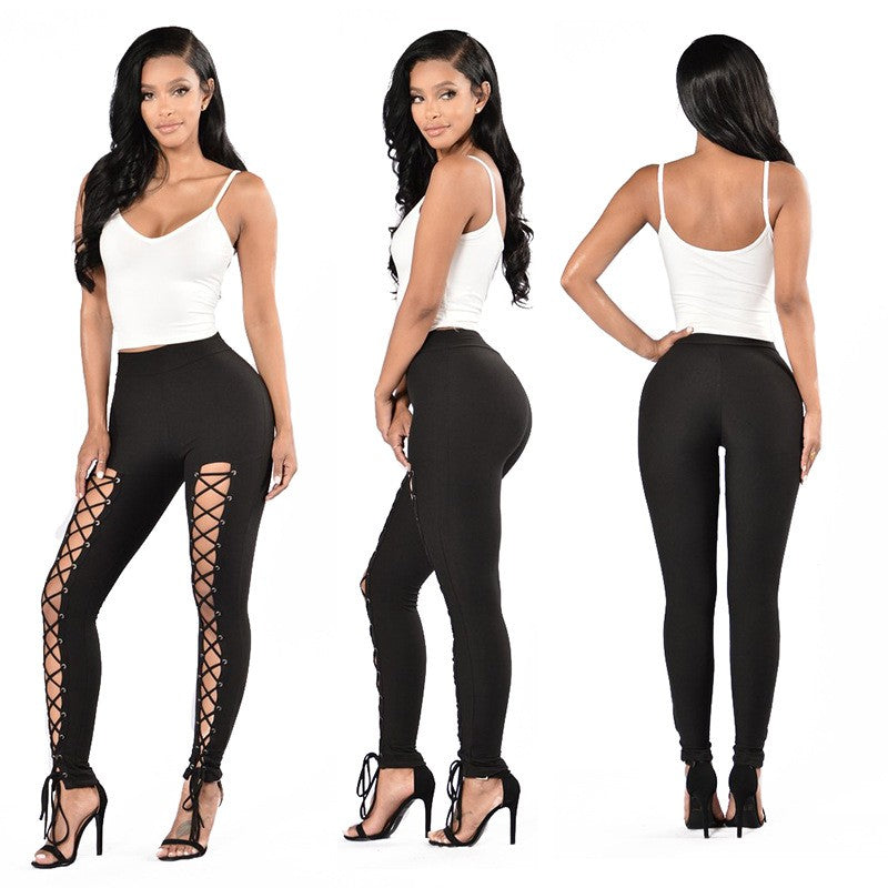 Sexy Cross-Strap High-Waist Leggings with Eyelet Detail, Stretch Polyester Blend, Solid Color Cropped Pants for Women - Perfect for Fall/Spring